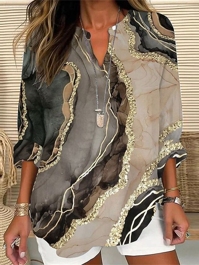 Women's Shirt Blouse Graphic Marble Casual Long Sleeve Notched Neck Regular Tops Daily Print Wine Blue Khaki Fall Winter4