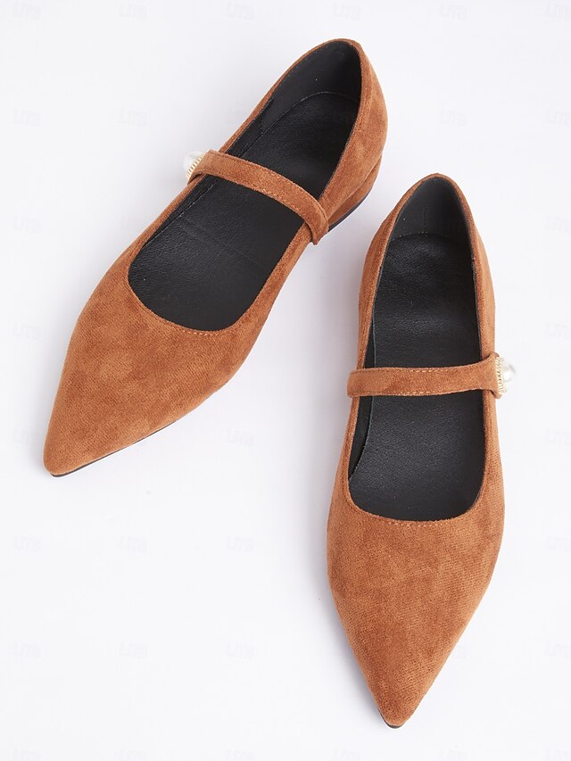 Women's Brown Suede Mary Jane Flats with Pearl Button Accent – Vintage-Inspired Low-Heel Shoes for Casual or Formal Wear 11