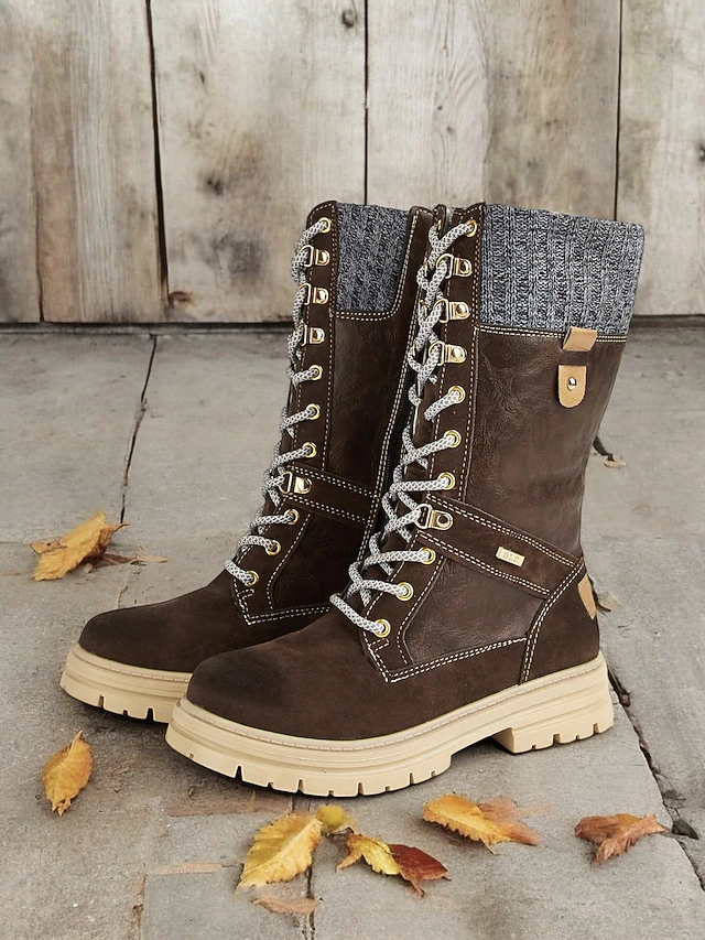 Women's Brown Lace-Up Winter Boots – Faux Leather, Knit Cuff Design, Insulated Lining, Rugged Sole for Cold Weather and Outdoor Adventures 15