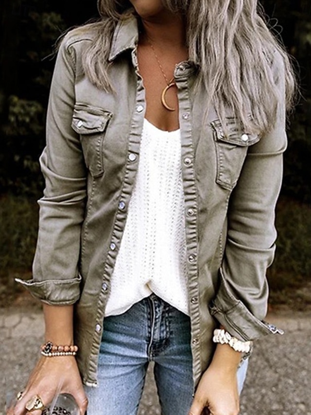  Women's Shirt Long Sleeve Shirt Collar Black Army Green Gray Spring &  Fall