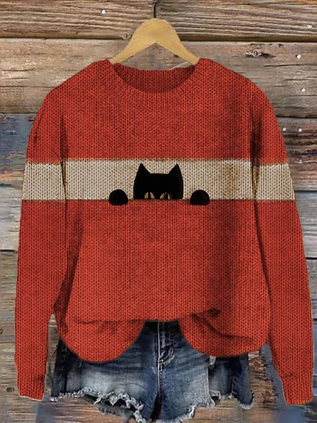 Women's Sweater Daily Graphic Crew Neck Print Long Sleeve Regular Tops Knit Formal Weekend Black Red Fall Winter 6