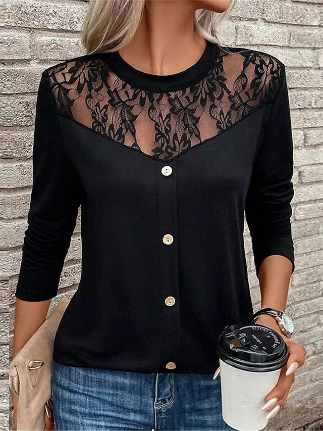 Women's Elegant Lace Tops Eyelet Sexy Blouse Casual Solid Color Regular Tops Long Sleeve Crew Neck Lace Patchwork Buttons Regular Fit Daily Black Romantic Petite Tops Summer Holiday Wear Evening Tops 5