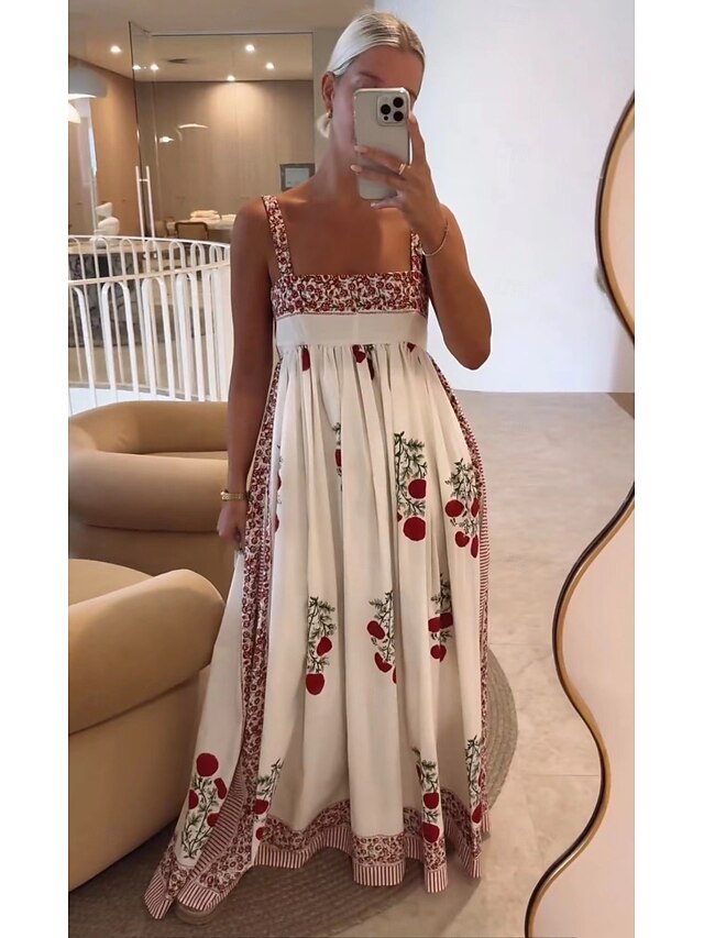 Women's Casual Dress Floral Leaf Print Square Neck Long Dress Maxi Dress Casual Date Vacation Summer Spring3