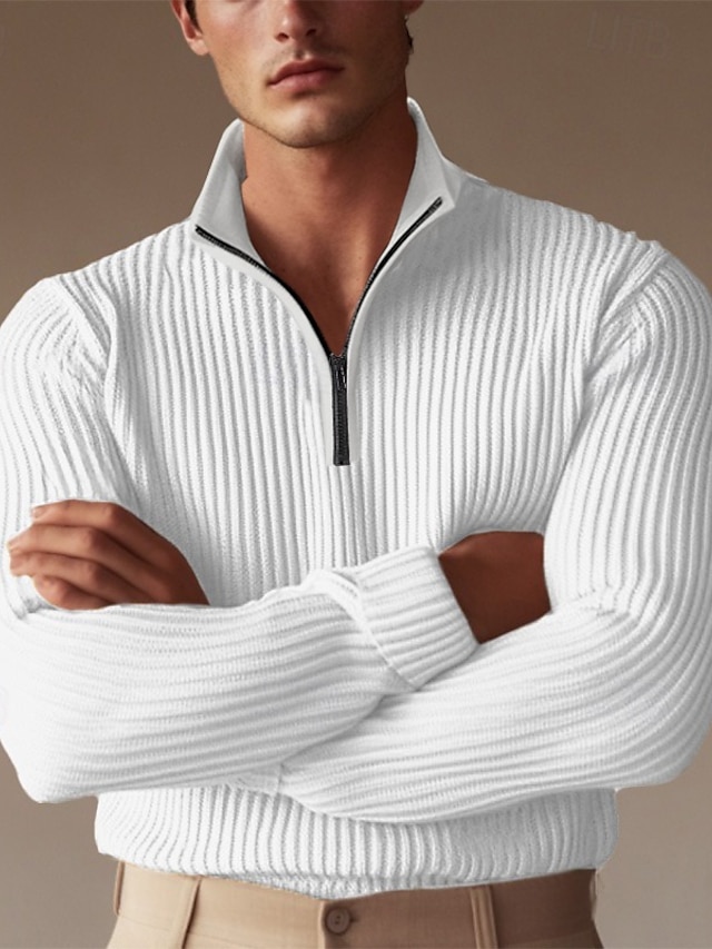 Men's Polo Shirts Rib Knit Top Formal Work Ribbed Polo Collar Long