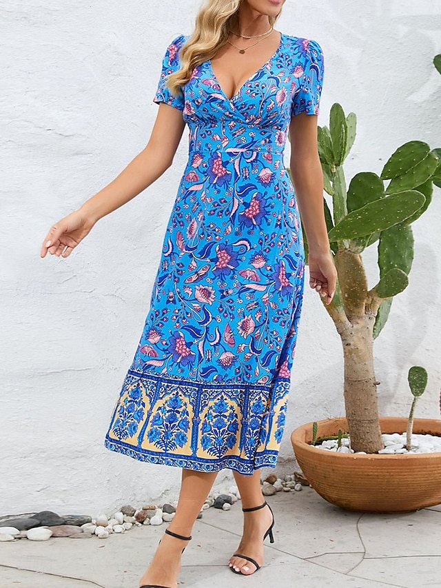  Women's Polyester Floral V Neck Midi Dress Short Sleeve Summer Spring