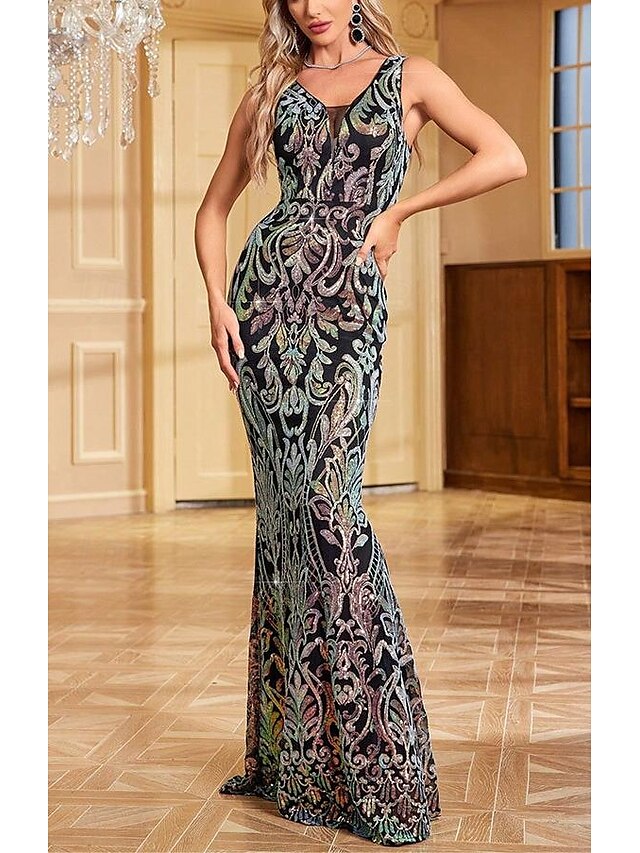  Robe de soirée sirène / trompette, robe de soirée, robe de soirée, longueur au sol, sans manches, col en V, automne, mariage, invité, nylon, dos en V avec broderie pailletée, 2025