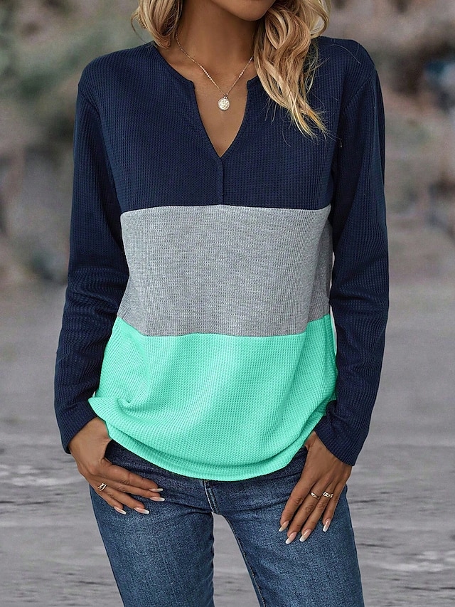 Women's T Shirt Plain Fashion Modern Casual Long Sleeve Notched Neck Regular Tops Daily Weekend Pink Orange Green Fall Winter 10