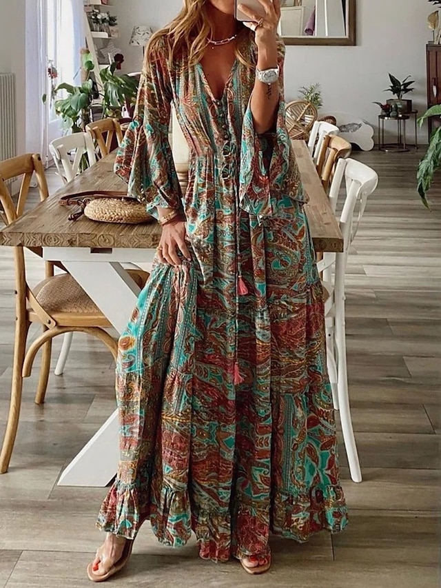 Dame Maxikjole Uformell kjole Swingkjole Kjole med A-linje Boho-kjole Årgang Fritid Daglig Normal Blomstret Langermet V-hals Rød Blå Lilla Oransje Sommer Vår Høst