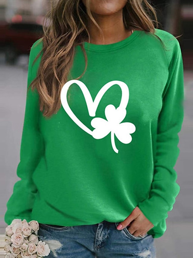  St. Patricks Dag Kvinners Sweatshirt Hjerte Kløver Gate Daglig Bruk Trykk Uformell Rund Hals Lange Ermer Mikro-elastisk Høst Vinter