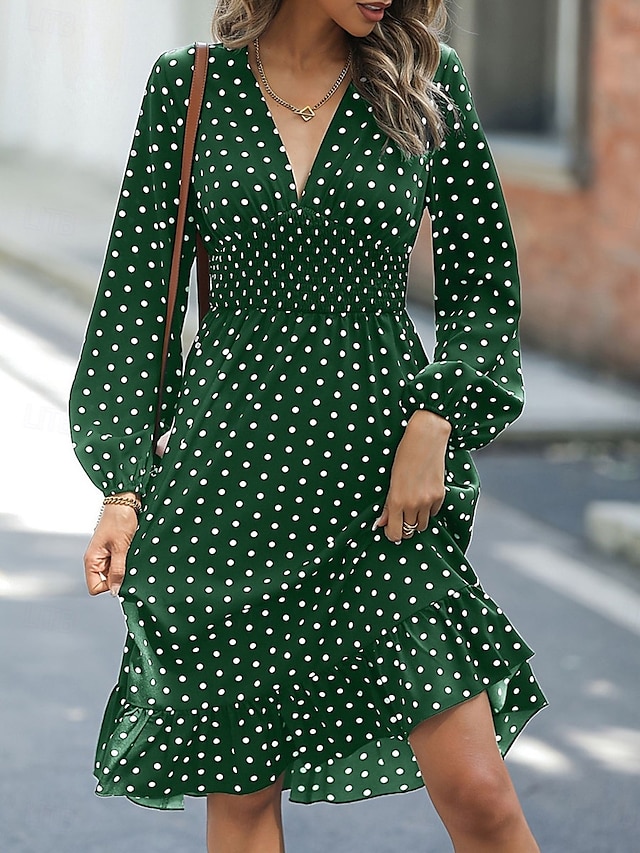  Women's Polyester Polka Dot V Neck Midi Dress Long Sleeve Spring Fall