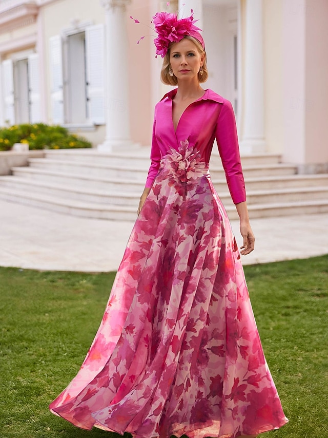  A-Linien-Mutter der Braut Kleid Smoking Kleid Strandhochzeit Elegant Hemdkragen Bodenlänglich Chiffon 3/4 Länge Ärmel mit Blumen Derby Kleid Renntag Kleid Hochzeitsgastkleid 2025
