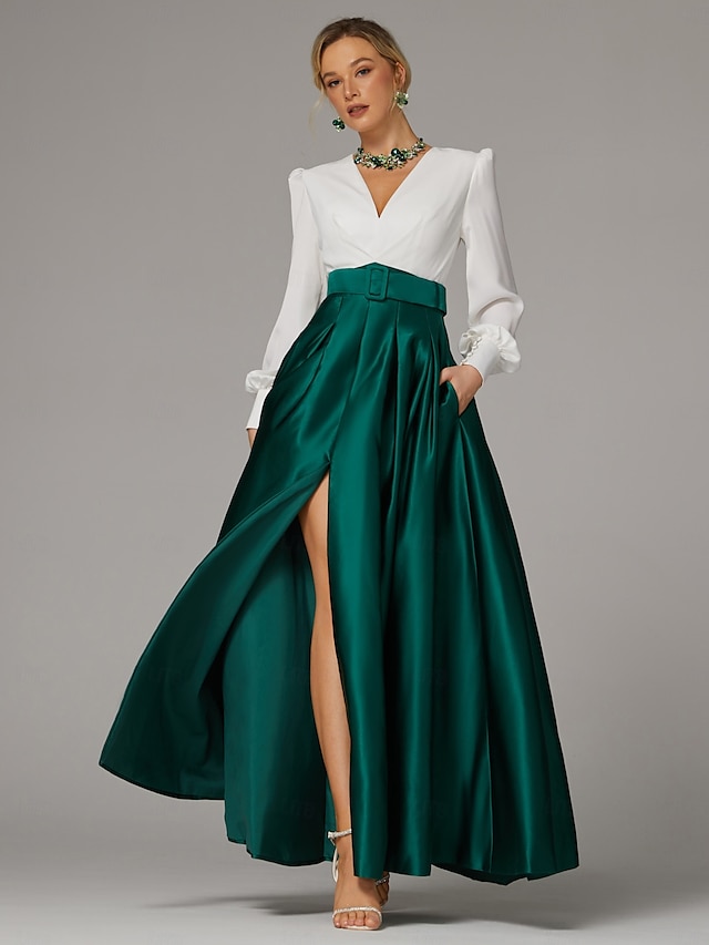  A-Line Evening Gown High Split Dress Formal Wedding Guest Floor Length Long Sleeve V Neck Fall Wedding Guest Satin with Pleats Slit