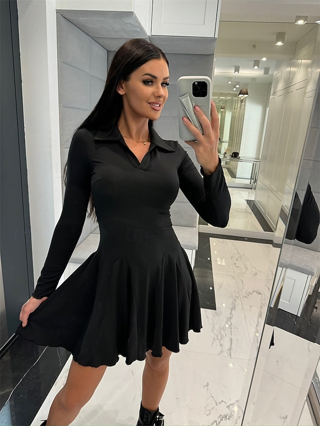  dámské liniové šaty mini šaty volánkové rande dovolená elegantní klopa dlouhý rukáv černá káva šedá barva