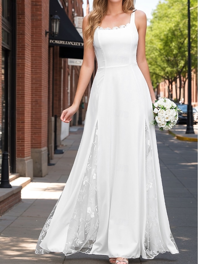 Wedding Dresses ALine Square Neck Sleeveless Floor Length Satin Bridal