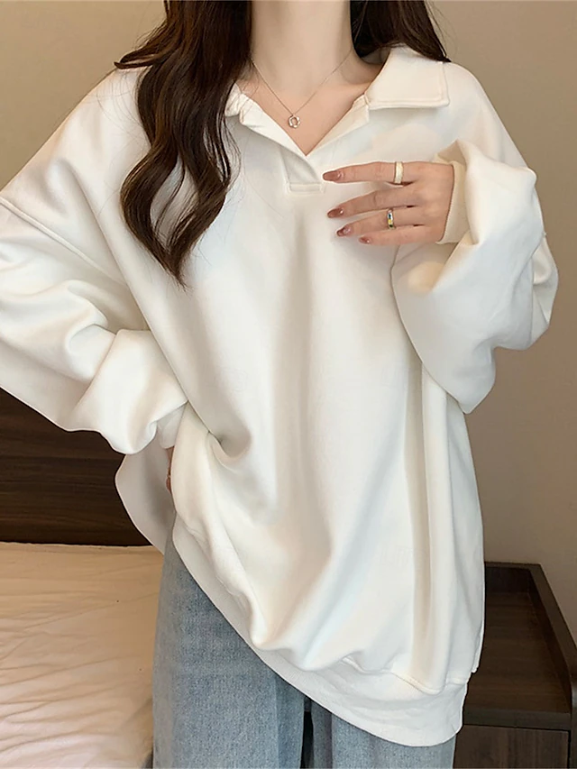 Women's Sweatshirt Casual Plain Street Dailywear V Neck Long Sleeve Black White Coffee Fall Winter 9