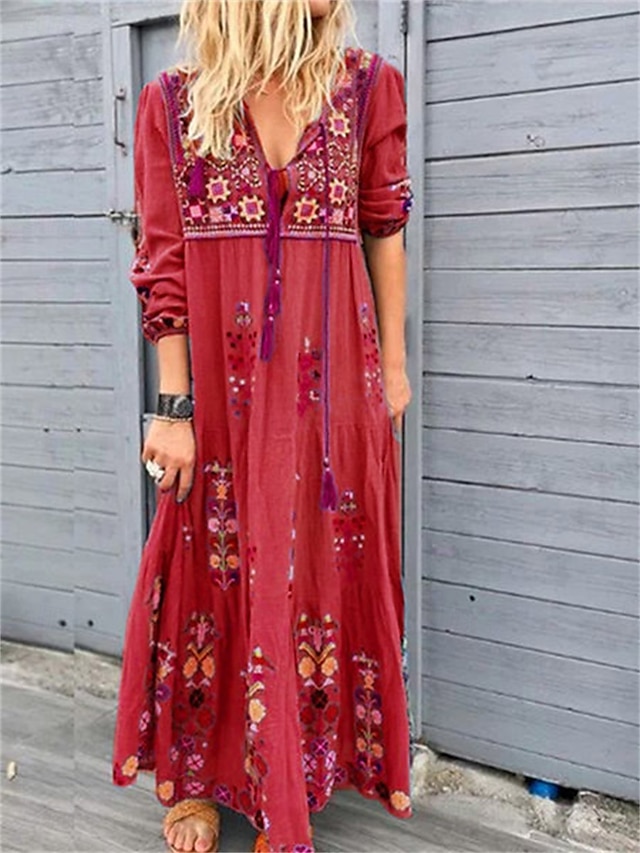  robe longue à fleurs pour femmes, col en V, manches longues, été, printemps