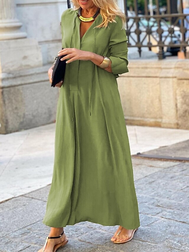 Women's Casual Dress Maxi Dress Ruched Casual V Neck Long Sleeve Brown Green Gray Color4