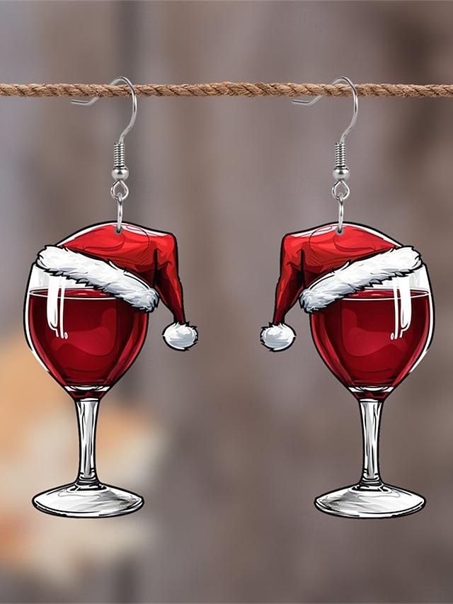  Christmas Wine Glass Earrings | Festive Santa Hat Design | Holiday Party Jewelry for Women