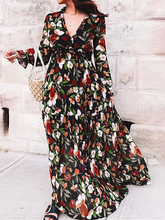  Damen Maxikleid mit Blumenmuster und V-Ausschnitt, lange Ärmel, Frühling/Herbst