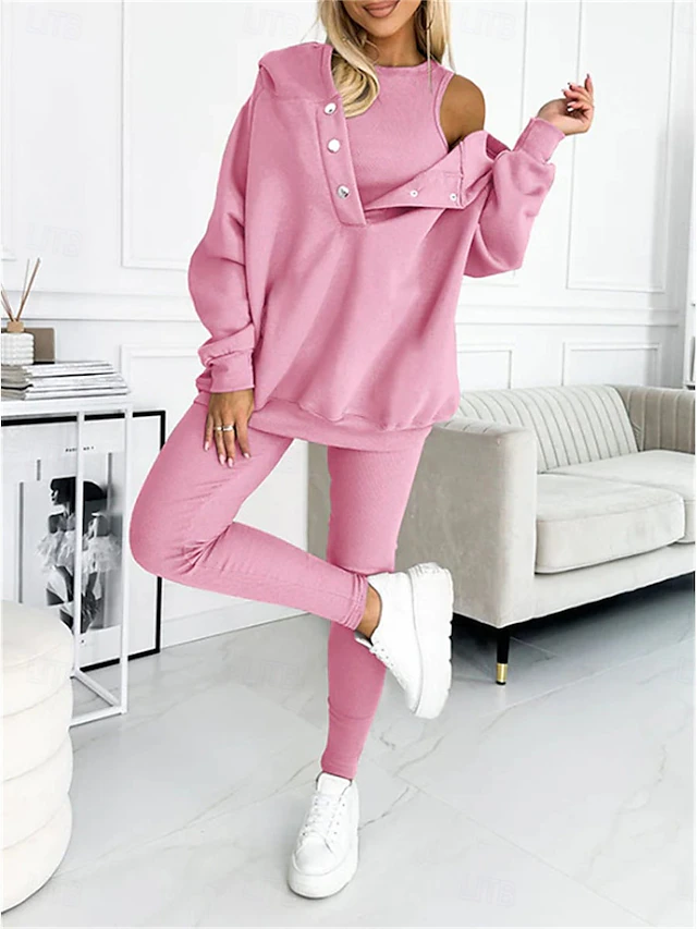 Women's 3pcs Loungewear Set Coordinated Hoodie with Shoulder Cut-Out and Joggers Pink Casual Sporty Outfit Elastic Fashionable Spring Autumn 8