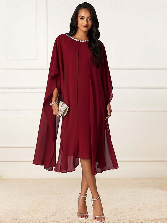  Mulheres Comprimento do chá Vestido de formatura Elegante Coquetel Normal Meia Manga Gola Redonda Vermelho Verão Primavera