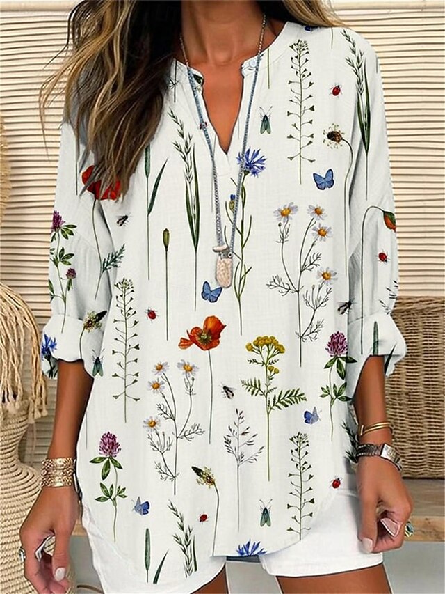 Women's Shirt Blouse Floral Casual Long Sleeve Notched Neck Regular Tops Daily Print White Blue Khaki Fall Winter4