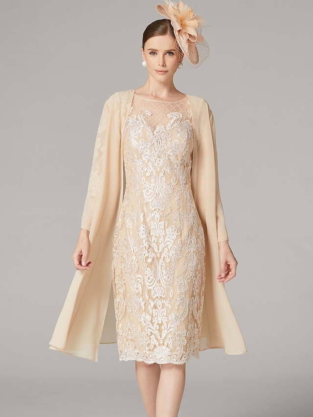  Abito a Due Pezzi Mother of the Bride Elegante Collo Gioiello Lunghezza al Ginocchio in Chiffon pizzo Maniche a Tre Quarti Inclusa la Giacca con Applicazioni in Perline Abito per la Giornata delle
