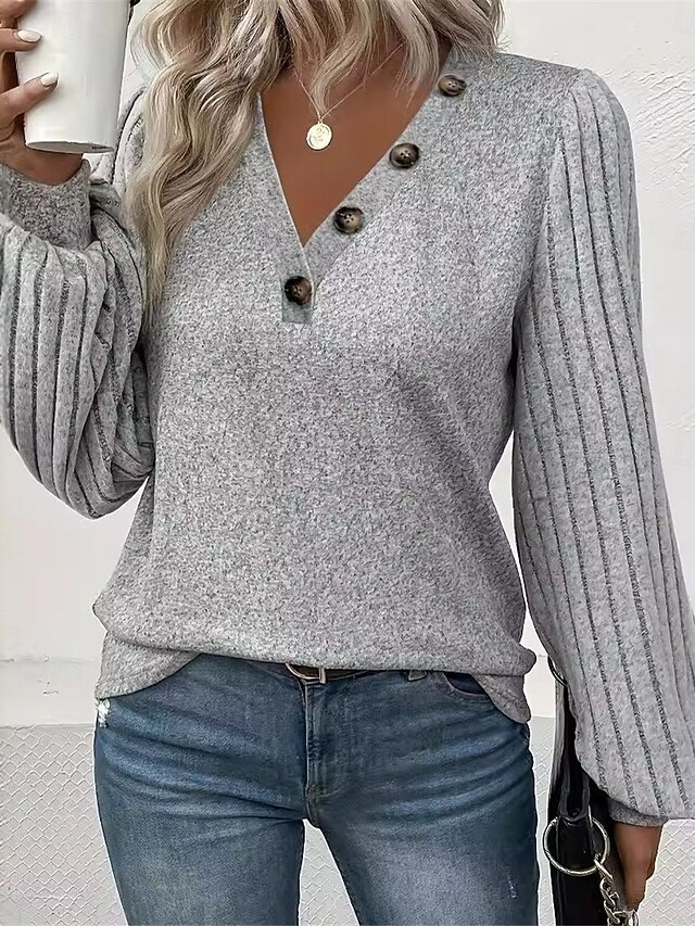 Women's Shirt Blouse Solid Color Basic Casual Long Sleeve V Neck Regular Tops Daily Buttons Gray Fall Winter 6