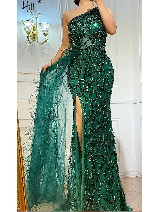  havfrue / trompet aftenkjole elegant kjole bryllup gjestebane tog kortermet en skulder nylon med glitter 2025