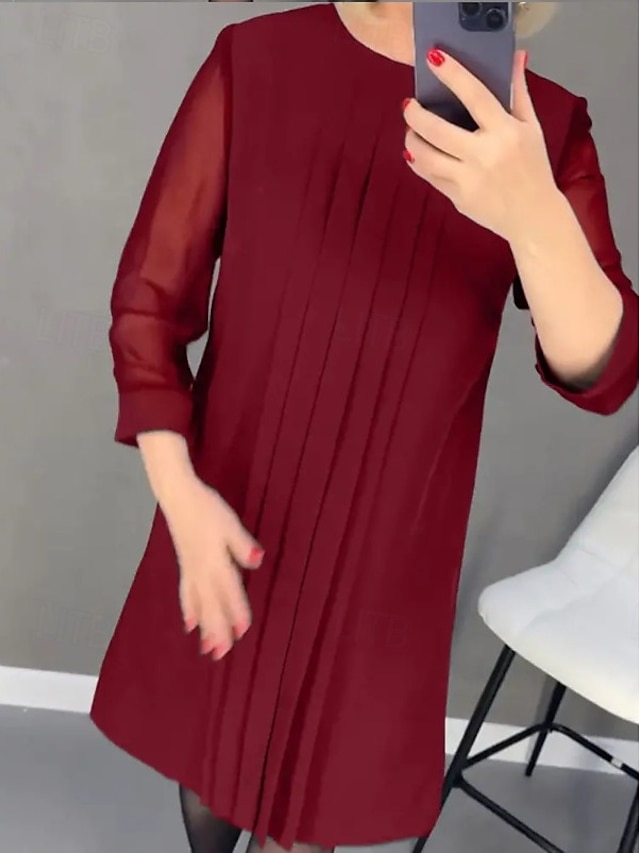  Damen Vintage-Kleid Minikleid Patchwork Gerafft Elegant Ausgefallene Rundhalsausschnitt Langarm Schwarz Rote Grün Farbe