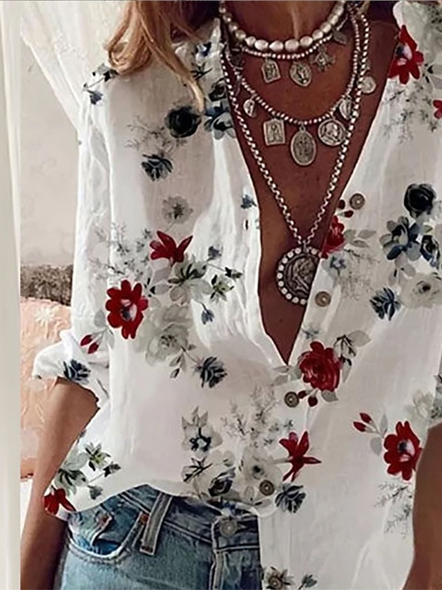  Damen Hemd Bluse Blumen Basic Brautkleider schlicht Langarm Hemdkragen Normale Oberteile Täglich Knopf Bedruckt Weiß Herbst Winter