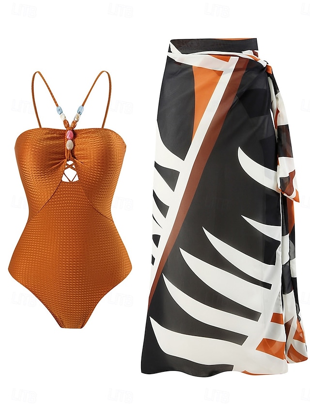 Women's Swimwear One Piece 2 Piece Monokini Skirt Swimsuit Backless Tummy Control High Waist Slim Vacation Beach Wear Leaves Halter Neck Sleeveless Bathing Suits