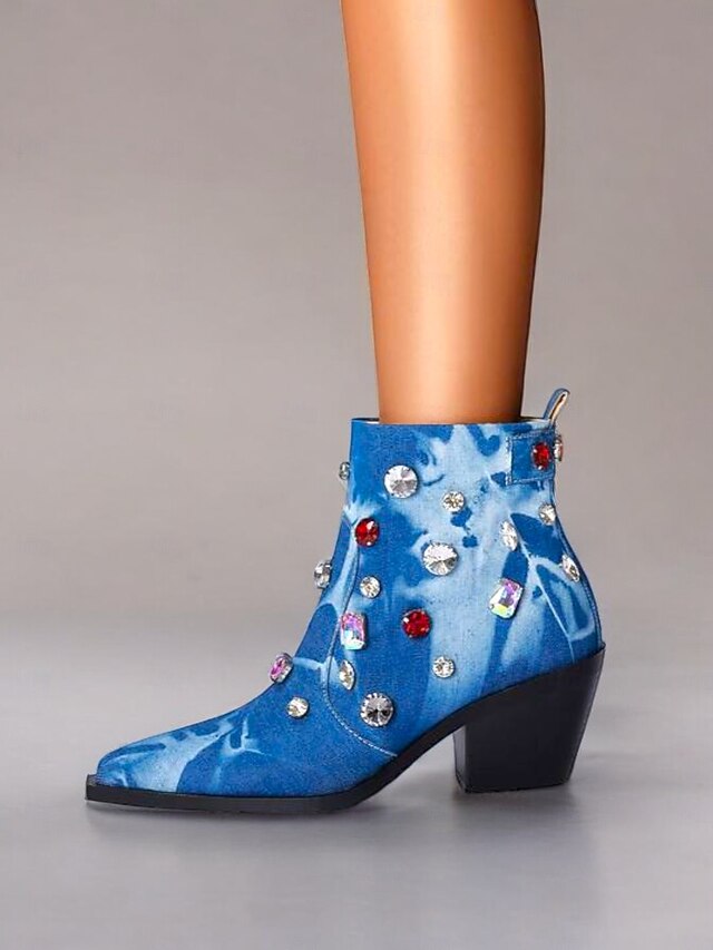 Women's Fashion Denim Ankle Boots – Rhinestone-Embellished Block Heel Western Style for Parties and Casual Outfits 7
