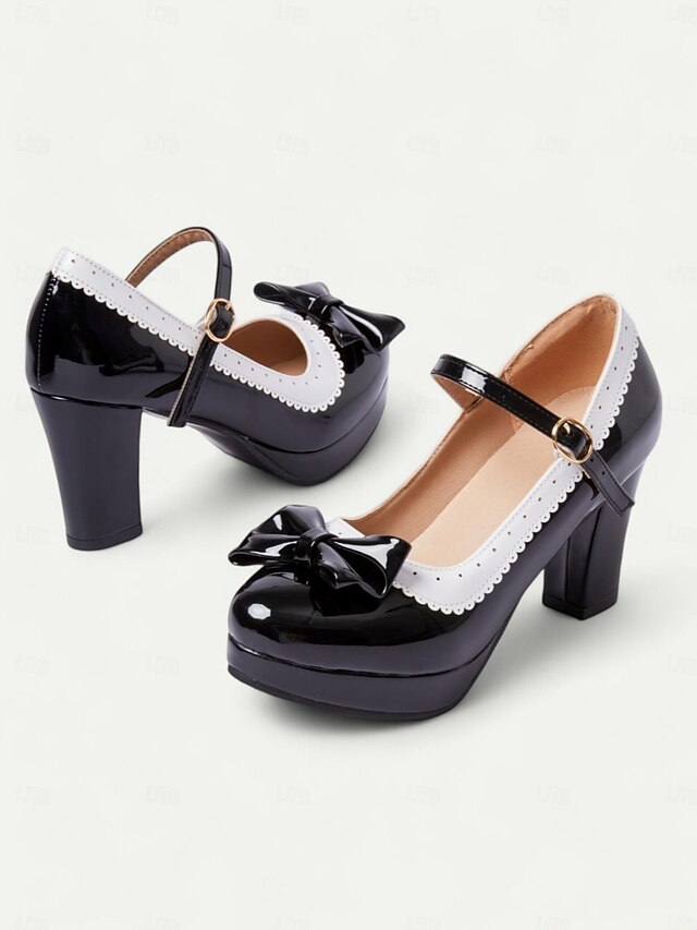 Women's Black and White Mary Jane Heels with Bow Detail - Vintage Platform Pumps with Ankle Strap for Cosplay and Retro Outfits 20