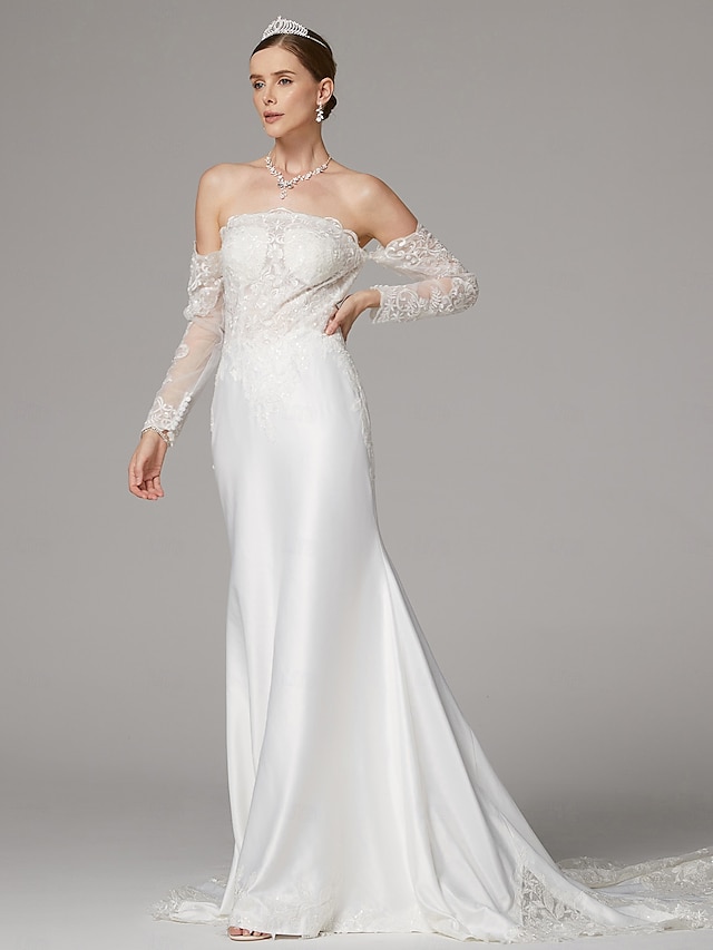  abiti da sposa sirena / tromba abiti separati abiti separati lunghezza pavimento strascico corte abiti da sposa in raso con applicazioni ricamate 2025