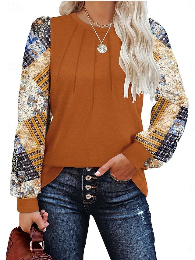  Per donna Camicia Blusa Floreale Informale Manica lunga Girocollo Top regolari Giornaliero Collage Stampa Nero Marrone Autunno Inverno