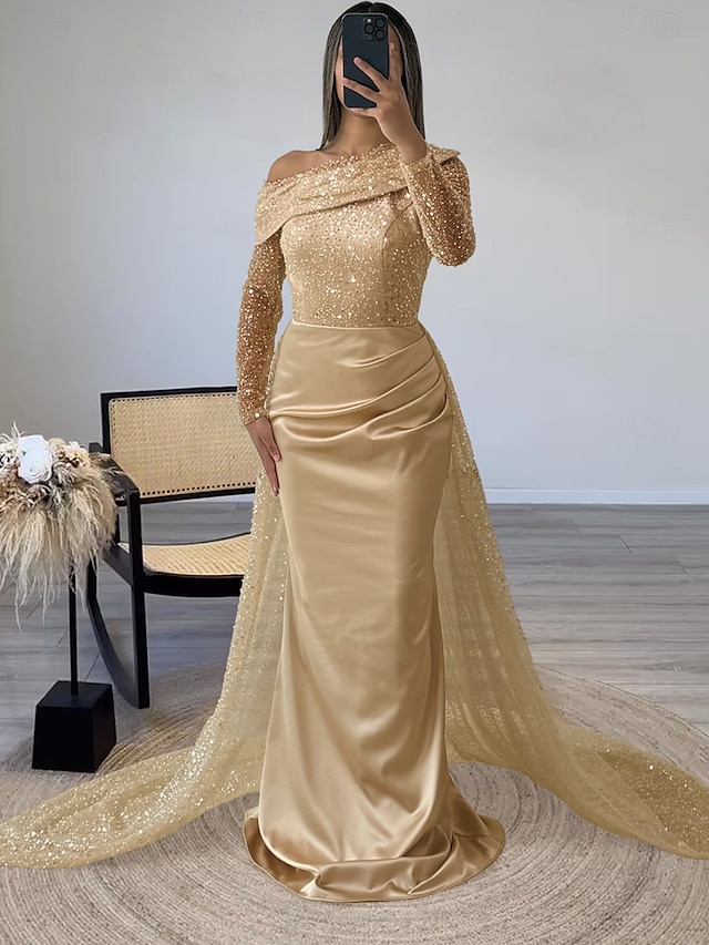  Abito da sera sagomato abito elegante formale strascico  spazzola maniche lunghe scollatura illusoria champagne madre della sposa abito in raso con perle sovraspettacolo