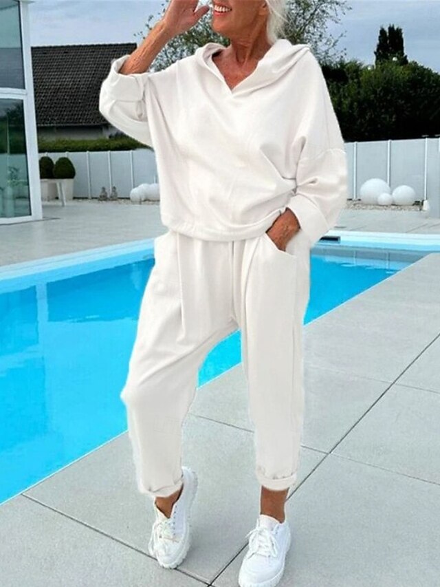 Women's Loungewear Set Hoodie Joggers Cream Solid Color Casual Comfortable Home Wear V-neck Long Sleeve Elastic Waist Full Size All-season Fashion Apparel Fall Winter4