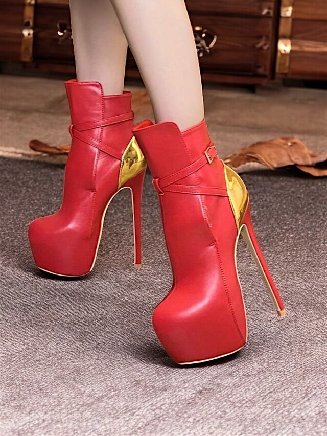 Women's Red Platform Stiletto Ankle Boots – Bold High Heel Fashion Booties with Gold Accent for Party and Evening Wear 14