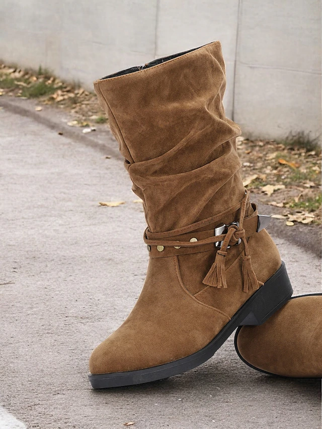 Women's Slouchy Faux Suede Mid-Calf Boots with Studded Strap and Tassel Details – Casual Boho Style for Fall and Winter 10