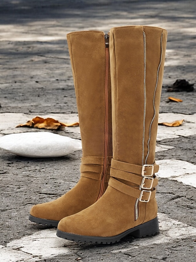 Women's Tall Tan Knee-High Boots with Double Buckle and Zipper Detail – Stylish and Durable Fall & Winter Footwear for Outdoor Wear 8