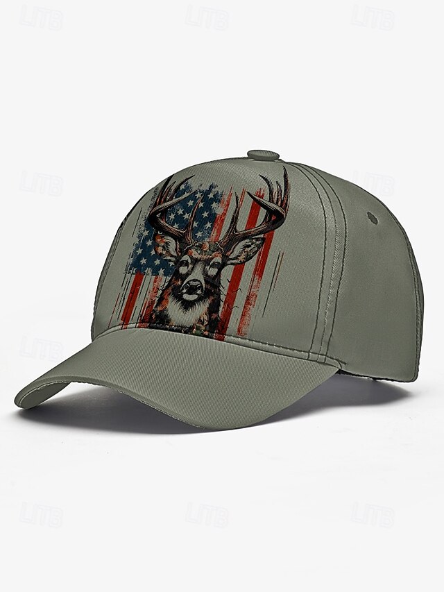  Men's Adjustable Baseball Cap with Patriotic Deer Print and American Flag Design - Outdoor Sports and Casual Wear Hat
