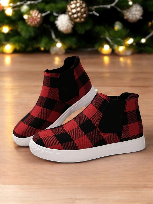 Women's Red Plaid Ankle Boots with Elastic Sides – Stylish Winter Slip-On Sneakers for Casual Holiday Wear 13