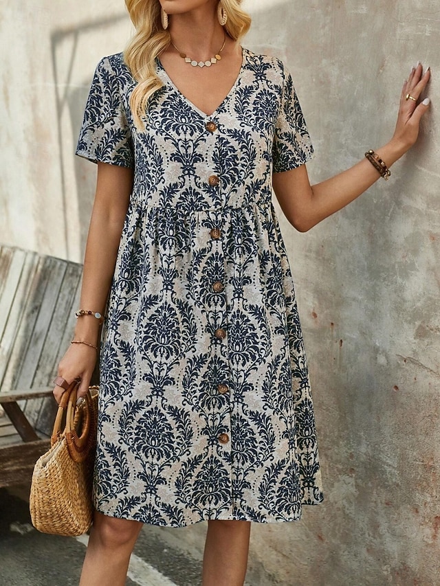  Dam Mini klänning Vardagsklänning Boho-klänning Vintage Ledigt Dagligen Normal Blommig Kortärmad V-hals Blå Brun Grön Sommar Vår Höst