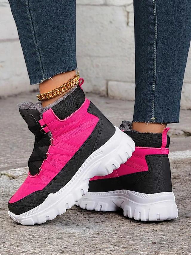 Women's Winter Pink and Black Lace-Up Snow Boots with Fur Lining and Chunky Sole – Stylish and Warm Footwear for Outdoor Adventures 12