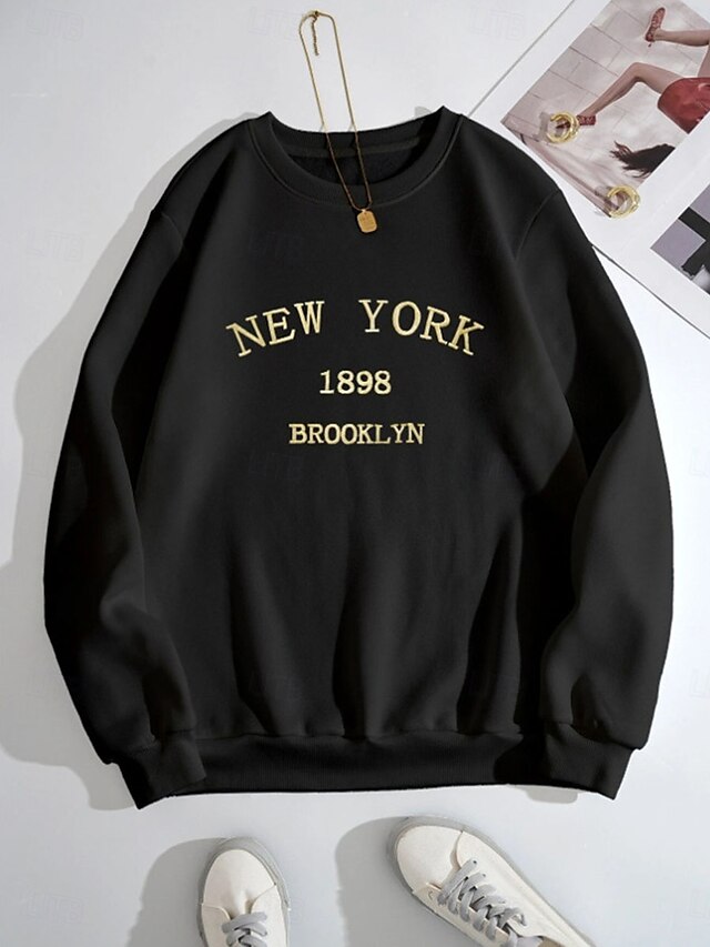  Women's Sweatshirt Casual Letter Street Dailywear Crew Neck Long Sleeve Black Wine Green Fall Winter