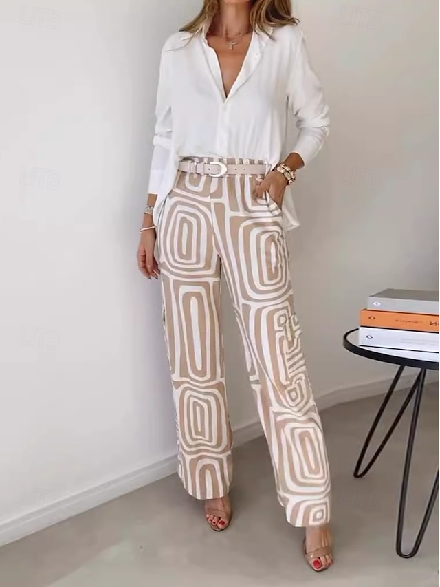  Women's Fashion Streetwear Daily Shirt Linen-Inspired Sets Two Piece Sets Dress Pants Long Sleeve Bishop Sleeve Shirt Collar Plain Printing Patchwork Print Formal Casual Daily Khaki Fall Regular Fit