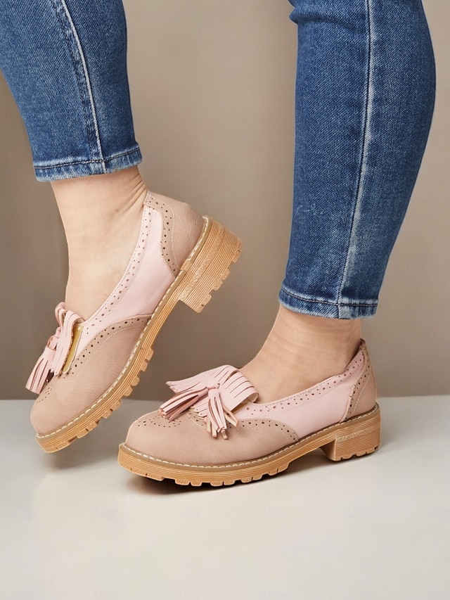  mocassins à pampilles roses pour femmes avec détails brogue et semelle épaisse – chaussures décontractées de style vintage pour un usage quotidien
