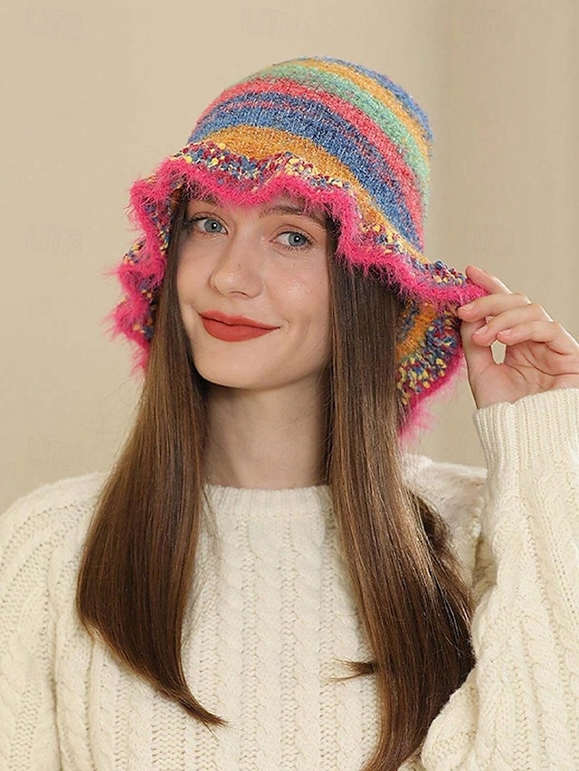  chapéu de balde de malha colorido feminino com aba fofa – acessório de inverno aconchegante e estiloso