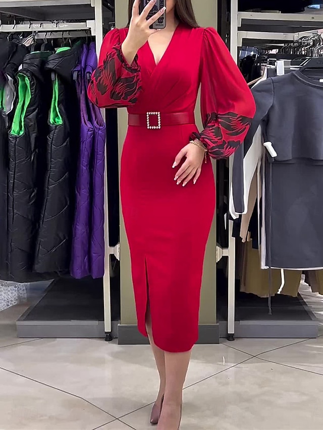  Women's Casual Dress Midi Dress Patchwork With Belt Casual V Neck Long Sleeve Red Color